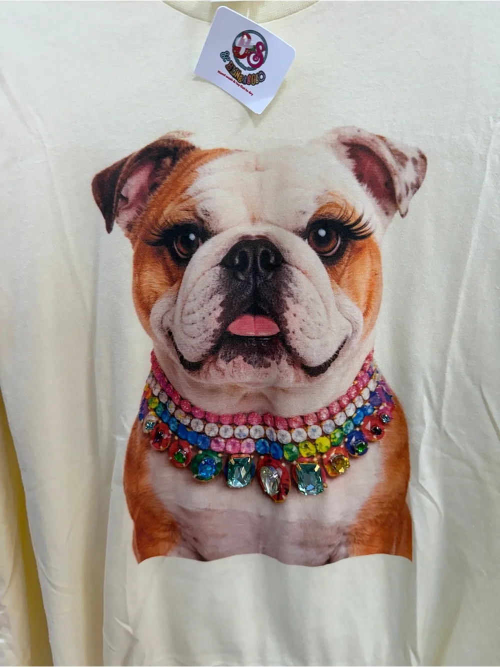 Gildan Cream Dog Tee with Colorful Jewel Necklace Print
